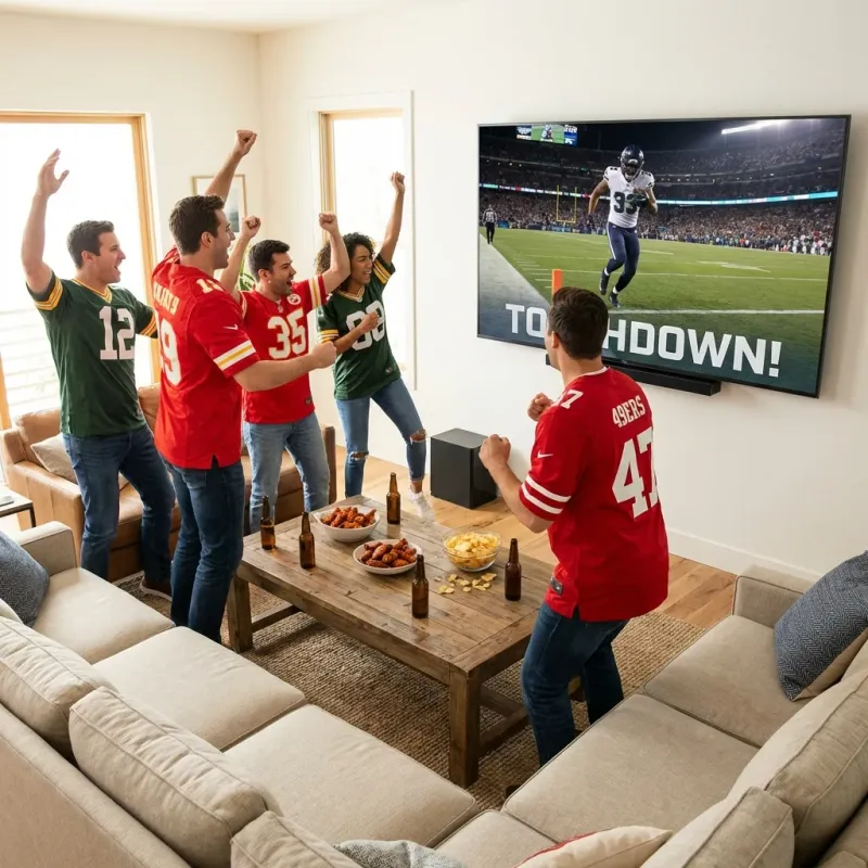 Excited NFL fans celebrating touchdown on TV